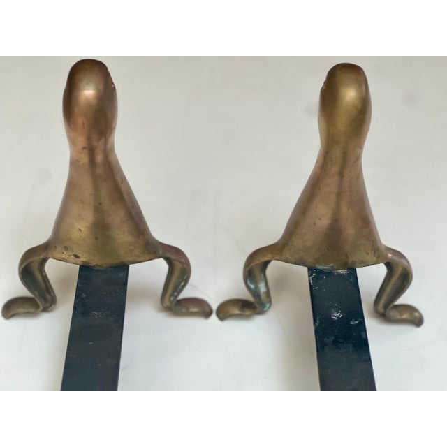 1970s French Mid-Century Modern Stylized Brass Duck Andirons - A Pair For Sale - Image 10 of 10