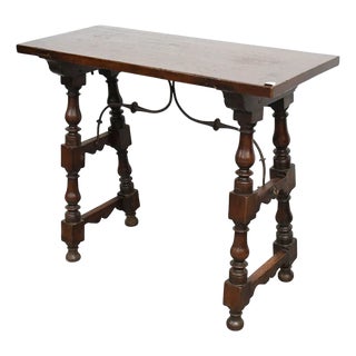 Antique Spanish Colonial 19th C. Trestle Table With Iron Stretcher For Sale