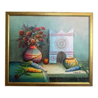 Late 20th Century Textured Signed Oil Painting Still Life, Folk Art Pottery Corn Adobe Scene Art For Sale