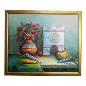 Late 20th Century Textured Signed Oil Painting Still Life, Folk Art Pottery Corn Adobe Scene Art