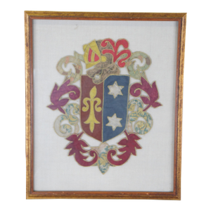 Antique 18th Century Embroidered Italian Heraldic Armorial Coat of Arms Tapestry, Framed