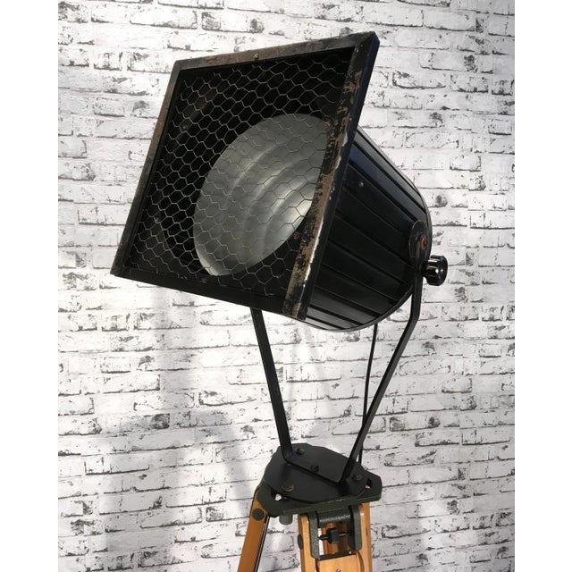 Mid-Century Modern Vintage Black Industrial Spotlight on Wooden Tripod For Sale - Image 3 of 18