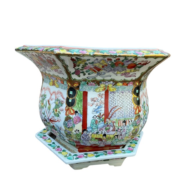 Chinese Rose Famille Vintage Cache Pot Jardinière Planter With Saucer For Sale - Image 9 of 17