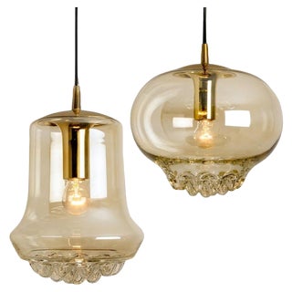 Smoked Brown Glass and Brass Pendant Lights attributed to Peill and Putzler, 1960s, Set of 2 For Sale