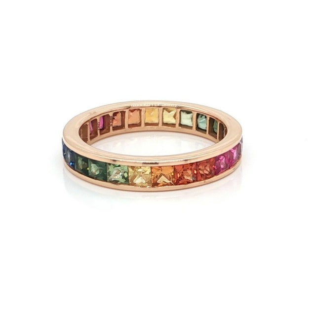 Mid 20th Century Mid 20th Century 18k Rose Gold 2.93ct Multi-Color Sapphire Full Eternity Band Ring Size 6.5 For Sale - Image 5 of 7