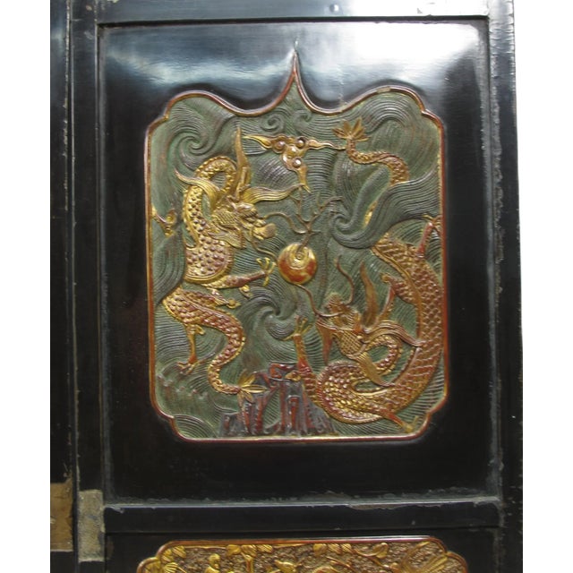 Wood Antique Chinese Room Divider W Hand Carved & Gilded Dragons on Both Sides - Set of 4 For Sale - Image 7 of 13