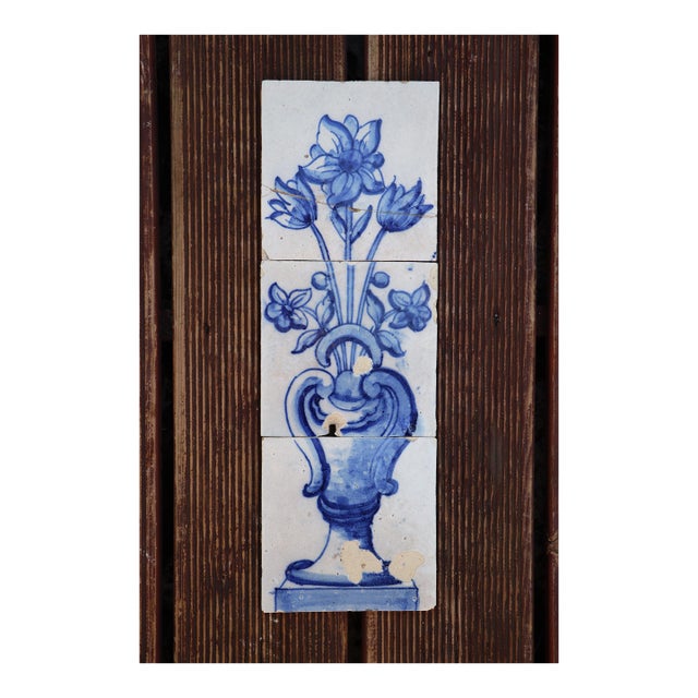 18th Century Baroque Set of Three Tiles Depicting a Flower Vase For Sale