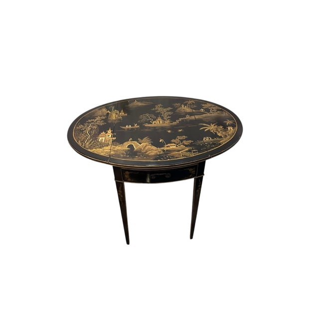 Mid 20th Century Vintage Black Lacquer Chinoiserie Drop-Leaf Table With Drawers For Sale - Image 5 of 18