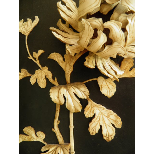 Exquisite Japanese Framed Raise Relief Ivory and Wood Wall Panel, Meiji Period An antique Japanese lacquer and ivory...