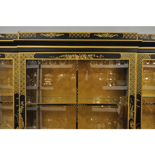 Chinoiserie Drexel Et Cetera Chinoiserie Black Lacquer Decorated Breakfront China Cabinet For Sale - Image 3 of 12