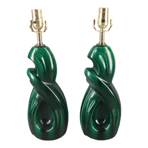 Pair of Vintage Mid-Century Modern Emerald Green Abstract Glazed Pottery Table Lamps