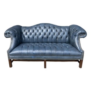 Vintage Blue Leather Camelback Chesterfield Sofa For Sale
