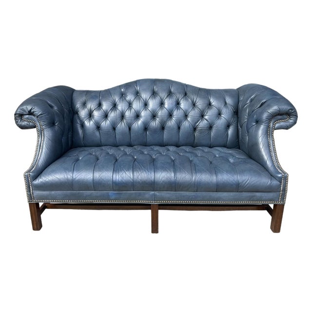 Vintage Blue Leather Camelback Chesterfield Sofa For Sale