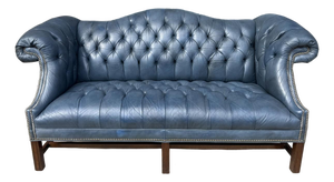 Vintage Blue Leather Camelback Chesterfield Sofa
