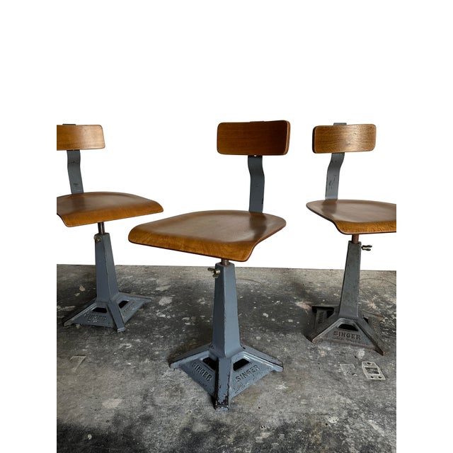 Wood Industrial Factory Machinist Sewing Chairs from Simanco, 1940s, Set of 3 For Sale - Image 7 of 7