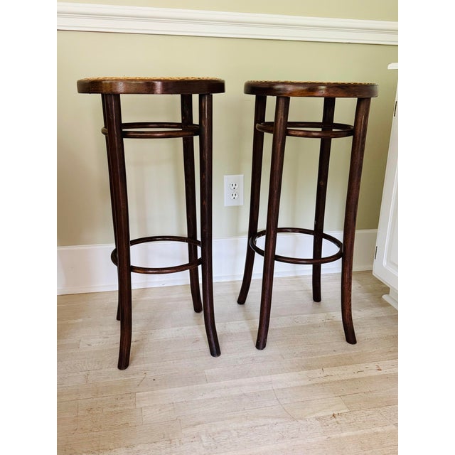 Wood Pair of Vintage Thonet Style Bentwood and Straw Barstools For Sale - Image 7 of 12
