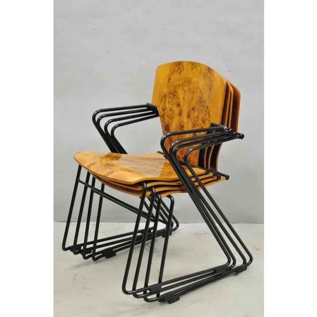 Vintage Josep Mora for Egoa "Model 300" Mid Century Modern Burl Wood Stacking Arm Chairs with Black Metal Frames - Set of...