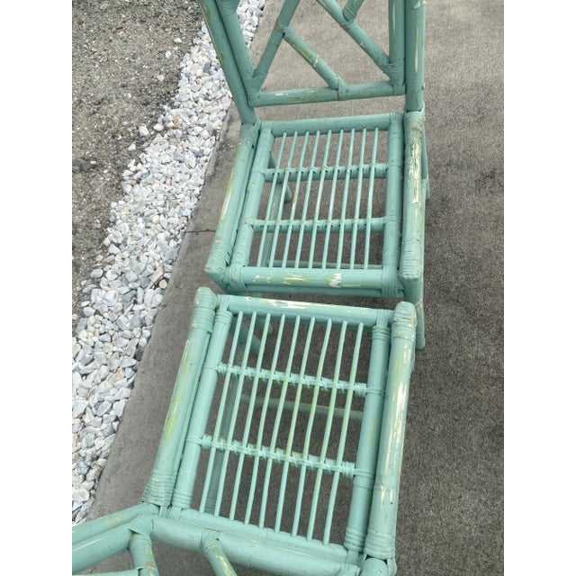 Mid-Century Coastal Boho Distressed Aqua Rattan Chippendale Dining Chairs- Set of 4 For Sale - Image 12 of 13
