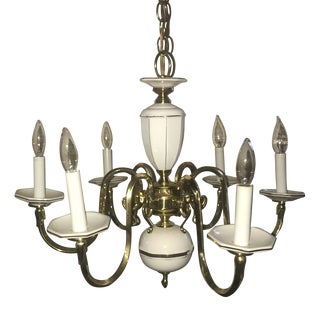 1990s Gilded White Porcelain and Brass Chandelier For Sale
