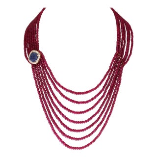 480 Ct 7 Layer Natural Smooth Ruby Bead Necklace 14k Gold Sapphire Diamond Clasp For Sale