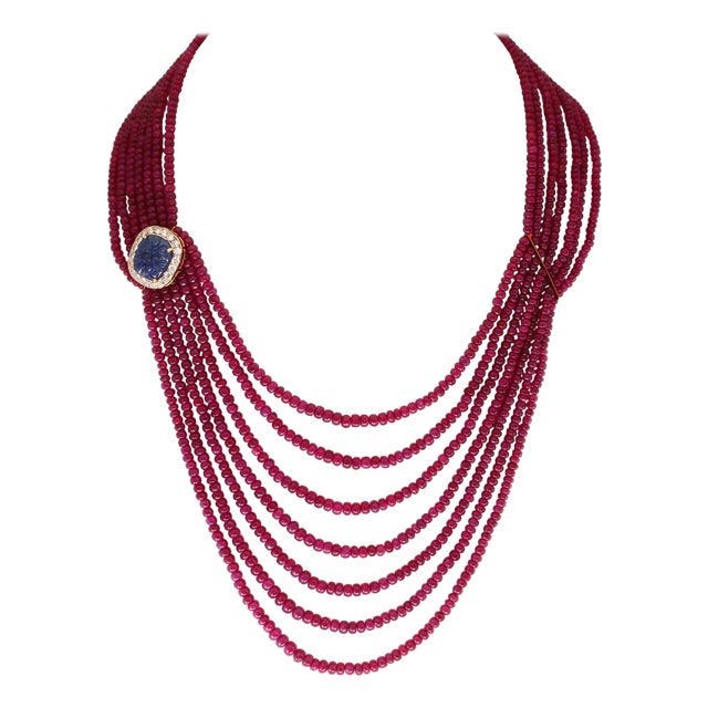 480 Ct 7 Layer Natural Smooth Ruby Bead Necklace 14k Gold Sapphire Diamond Clasp For Sale