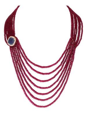 480 Ct 7 Layer Natural Smooth Ruby Bead Necklace 14k Gold Sapphire Diamond Clasp