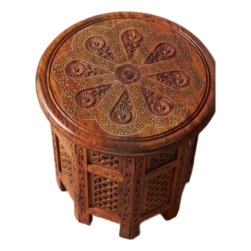 Petite Vintage Anglo Indian Octagonal Table With Floral Carvings + Brass Inlay For Sale