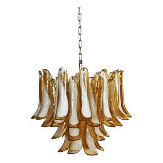 Italian Murano Chandelier, Mazzega Style – 36 Lattimo Amber Glass Petals For Sale