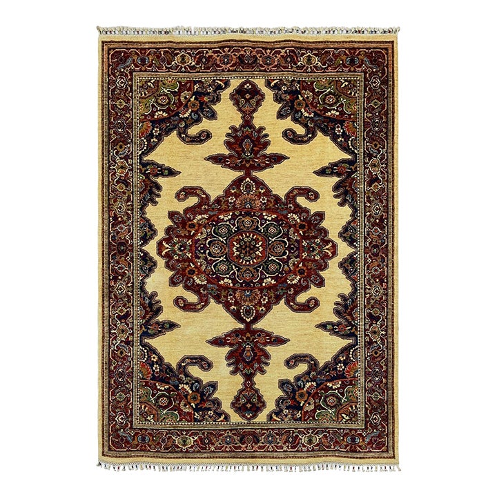 Beige & Red Persian-Style Medallion Wool Rug, Natural Dyes, 5'10
