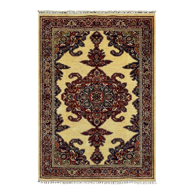 Beige & Red Persian-Style Medallion Wool Rug, Natural Dyes, 5'10" X 8'5" For Sale