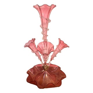 Antique Victorian Cranberry Glass Epergne, 1880, Set of 5 For Sale