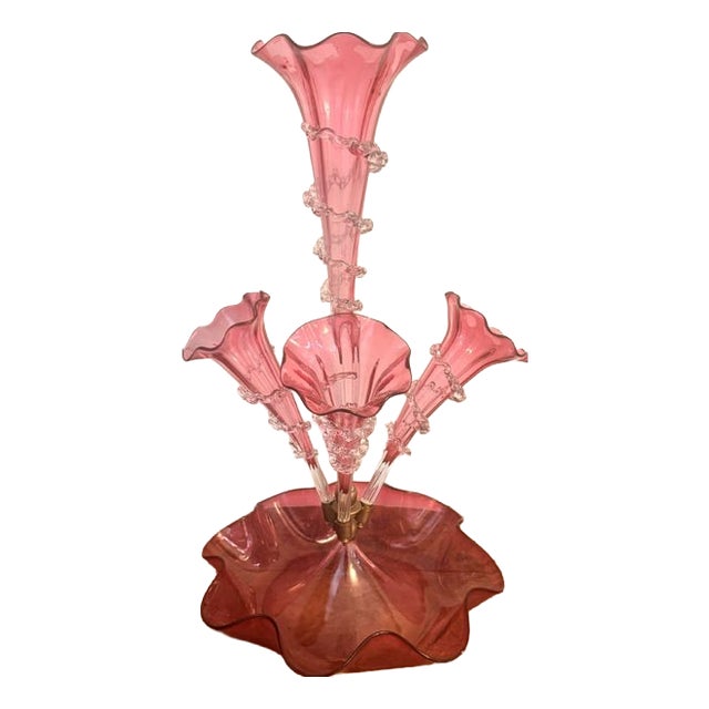 Antique Victorian Cranberry Glass Epergne, 1880, Set of 5 For Sale