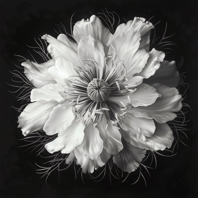 A striking black-and-white botanical print featuring Nigella Damascena Flower, meticulously restored and remastered from...