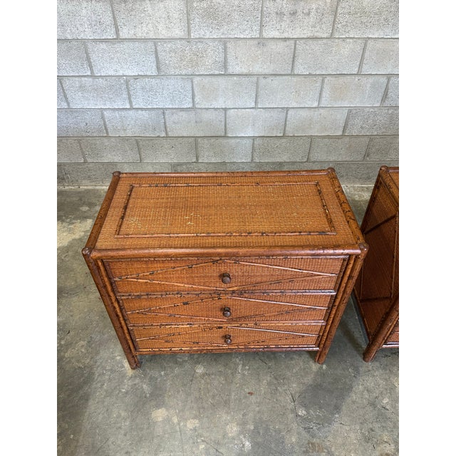 1980s 1980s Vintage British Colonial Style Burnt Bamboo and Rattan Chests / Dressers- A Pair For Sale - Image 5 of 12