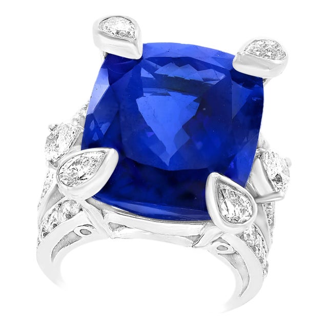 AGL Certified Natural 35.12 Carat Cushion-Cut Tanzanite Ring 4.5 Carat Diamonds For Sale