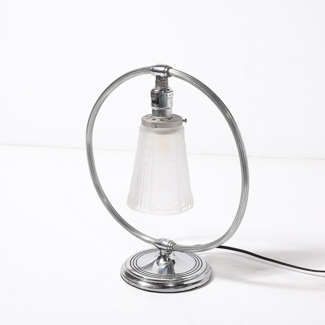 Chrome 1930s Art Deco Chrome & Frosted Cubist Shade Open Form Table Lamp Signed Muller Freres For Sale - Image 8 of 15