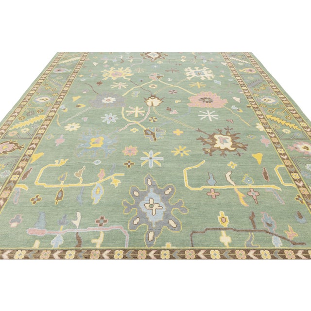 Modern Sage Green Oushak Style Wool Area Rug With Pastel Geometric Floral Accent For Sale - Image 12 of 12