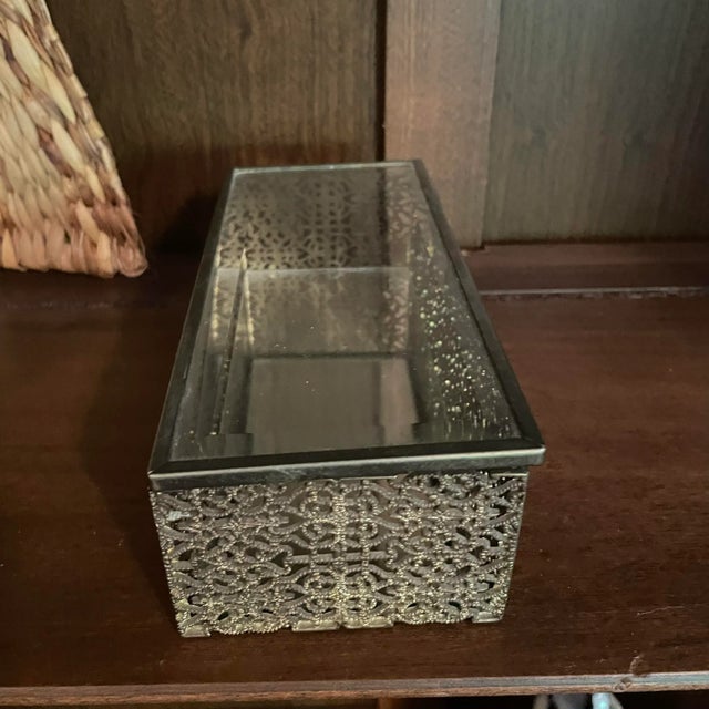 1980s 1980s Reticulated Brass Jewelry Box With Mirror and Beveled Glass Accents For Sale - Image 5 of 10