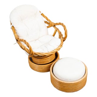 1970s Mid Century Modern Lounge Chair Ottoman Bamboo Boho Swivel Rattan Basket Stool For Sale