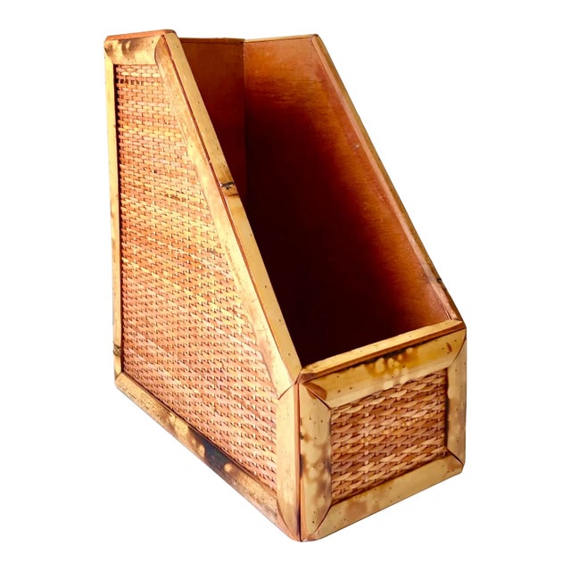 1970s Bamboo Rattan Letter File Holder, Vintage Palm Beach Style For Sale