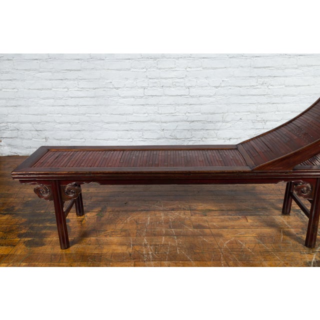 Mid 19th Century Chinese Qing Dynasty Elm & Bamboo Lounge Chair with Cloud Carved Spandrels For Sale - Image 10 of 12