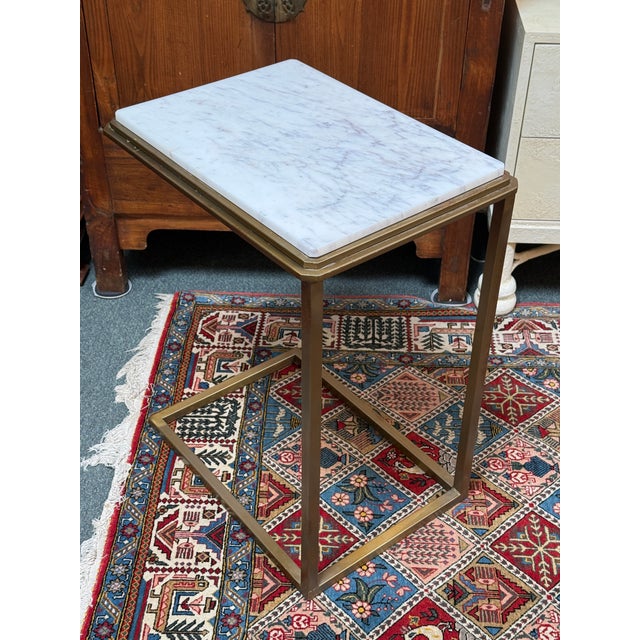 Mid 20th Century Brass C-Tables With Marble Tops, Pair For Sale - Image 5 of 11