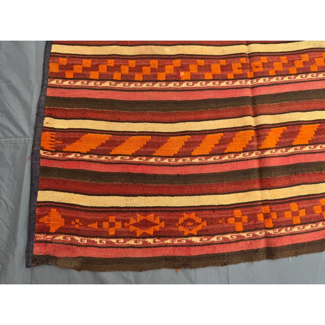 Vintage Distressed Flat Weave Kilim Runner Rug, Earthy Red Orange Geometric Stripes Rug For Sale - Image 10 of 10