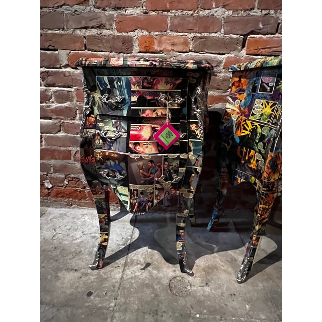Wood French-Inspired Comic Print Commode Nightstands Pair For Sale - Image 7 of 9