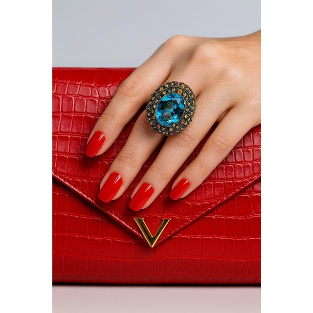 Late 20th Century Bochic “Orient” Multi Sapphire & Blue Topaz Ring Set In 18K Gold & Silver For Sale - Image 5 of 11