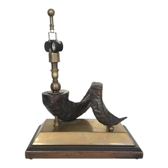 Wood Ram Horn on Brass Base Lamp For Sale