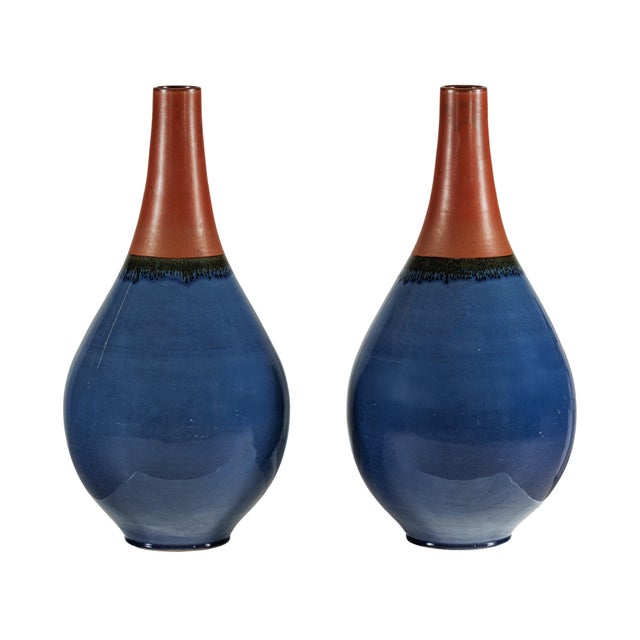 Large Artisan Teardrop Ceramic Vases in Deep Blue and Terracotta Glaze - A Pair For Sale - Image 12 of 18