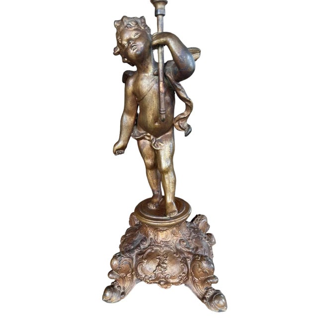 Late 20th Century 1900 Cherub With Wings Table Lamp in Original Gold Paint Patina For Sale - Image 5 of 6