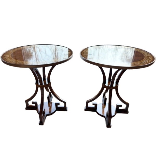 French Greek Key Round Side Tables, Brass, Burlwood,Set of 2 For Sale - Image 9 of 18