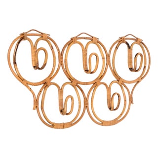 Large 5-Hook Coat Rack in Rattan and Wicker attributed to Franco Albini, Italy, 1960s For Sale